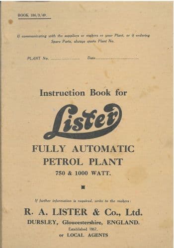 Lister Fully Automatic Petrol Plant Operators Manual - 750 & 1000 Watt