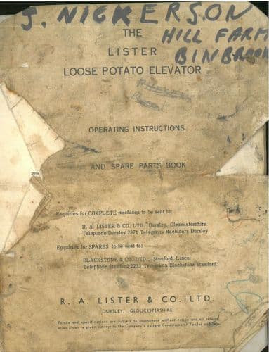 Lister Loose Potato Elevator Operators and Parts Manual