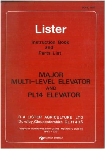 Lister Major Multi-Level Elevator & PL14 Elevator Operators Manual with Parts List