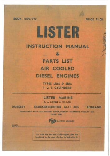 Lister Marine Diesel Engine LRM & SRM 1,2 & 3 Cylinders Operators Manual with Parts List