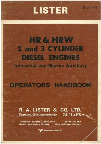Lister Marine & Industrial Diesel Engine HR & HRW 2 & 3 Cylinder Operators Manual