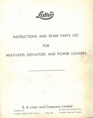Lister Multi Level Elevators & Power Loaders Operators Manual with ...