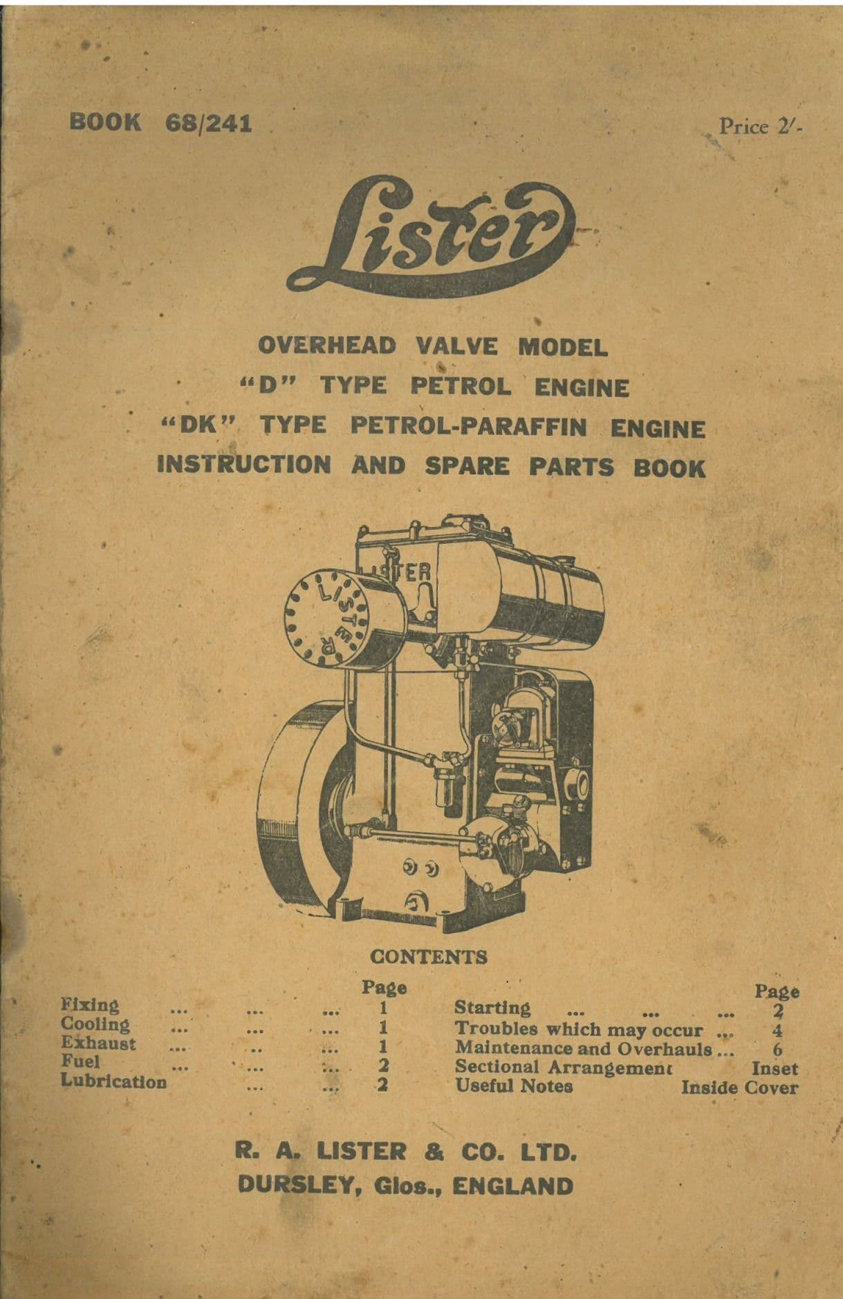 Lister Petrol & Petrol Paraffin Engine Types D & DK Operators Manual with Parts List - D DK