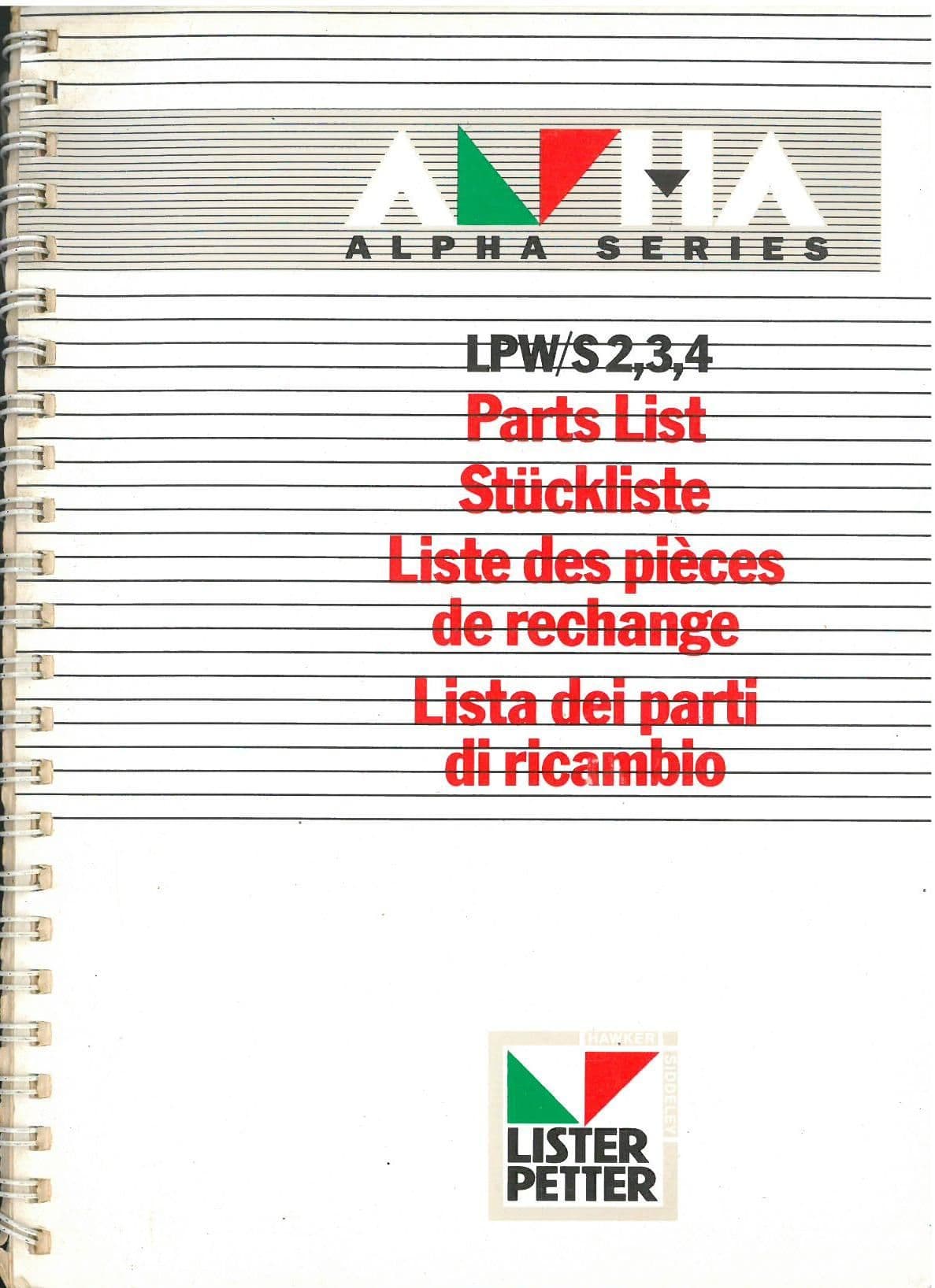 Lister Petter Engine LPW/S 2 3 4 WS2 Range LPW2 LPW3 & LPW4 Parts Manual