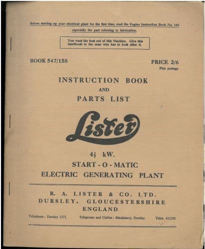 Lister Start O Matic Electric Generating Plant 4 1/2 kW Operators & Parts Manual