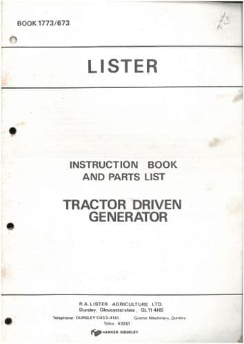 Lister Tractor Driven Generator Operators Manual & Parts Manual