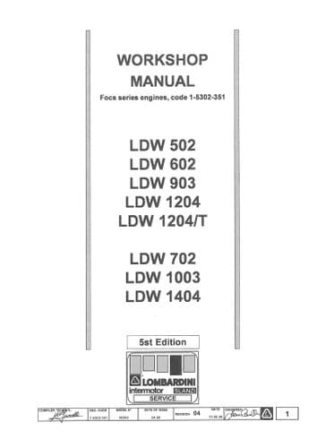 Lombardini Marine Engines LDW502 LDW602 LDW903 LDW1204 LDW1204 LDW1204T LDW702 LDW1003 Workshop Manu