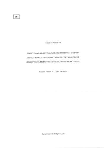 Lovol Wheeled Tractor TB Series TB600C TB600R TB604C TB604R TB750C TB750R Operators Manual