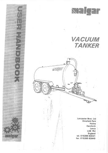 Malgar Vacuum Tanker Operators Manual with Parts List