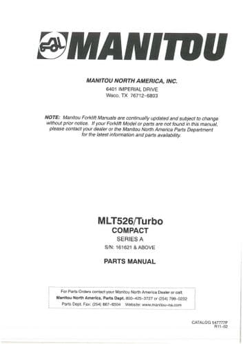 Manitou Compact Telescopic Handler Series A MLT524 MLT526T Turbo Parts Manual