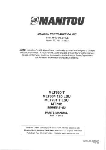 Manitou Forklift MLT630T,  MLT634 120LSU, MLT731T LSU, MT732 (Part1) Parts Manual
