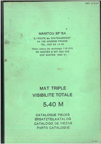 Manitou Forklift Total Visability Mast 5.4M Parts Manual