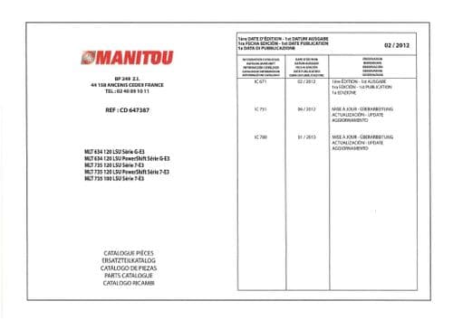Manitou Forklift Truck MLT634 120 LSU,  MLT735 120 LSU, MLT735 100 LS inc Powershift Parts Manual
