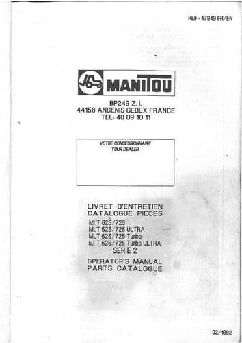 Manitou Maniscopic Telescopic Handler MLT 626 725 Turbo & Ultra Operators Manual with Parts List