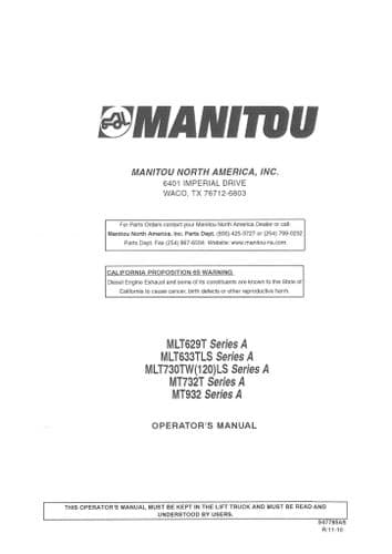 Manitou MLT629T MLT533TLS MLT730TWLS MT732R MT932 Series A Operators Manual