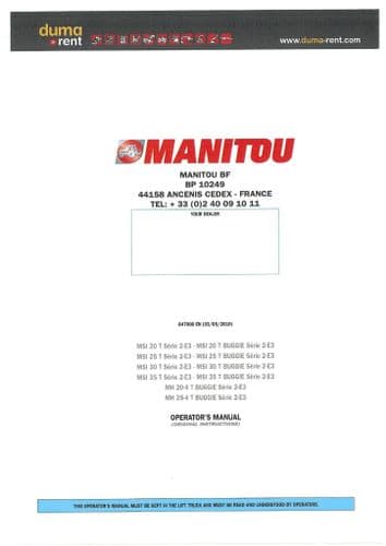 Manitou Rough Terrain Forklift MSI20T MSI25T MSI30T MSI35T Buggie Operators Manual