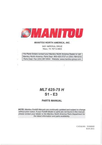 Manitou Telescopic Handler MLT625-75H  S1-E3 Parts Manual MLT 625 75 H
