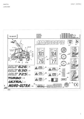 Manitou Telescopic Handler MLT626 MLT630 MLT725 Turbo, Ultra & Mono-Ultra Parts Manual - GERMAN TEXT