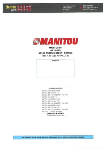Manitou Telescopic Handler MLT634 MLT731 MLT735 MLT741 MLT1035 LSU and Powershift Operators Manual
