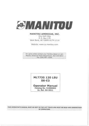 Manitou Telescopic Handler MLT735-120 LSU Operators Manual - MLT 735