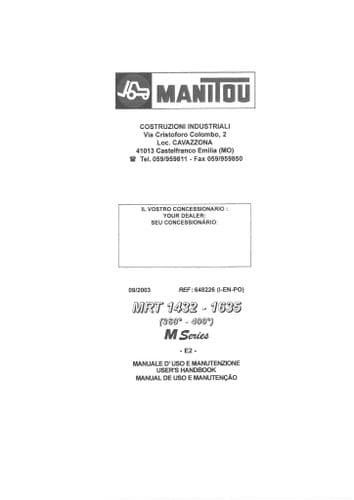 Manitou Telescopic Handler MRT1432 MRT1635 Operators Manual