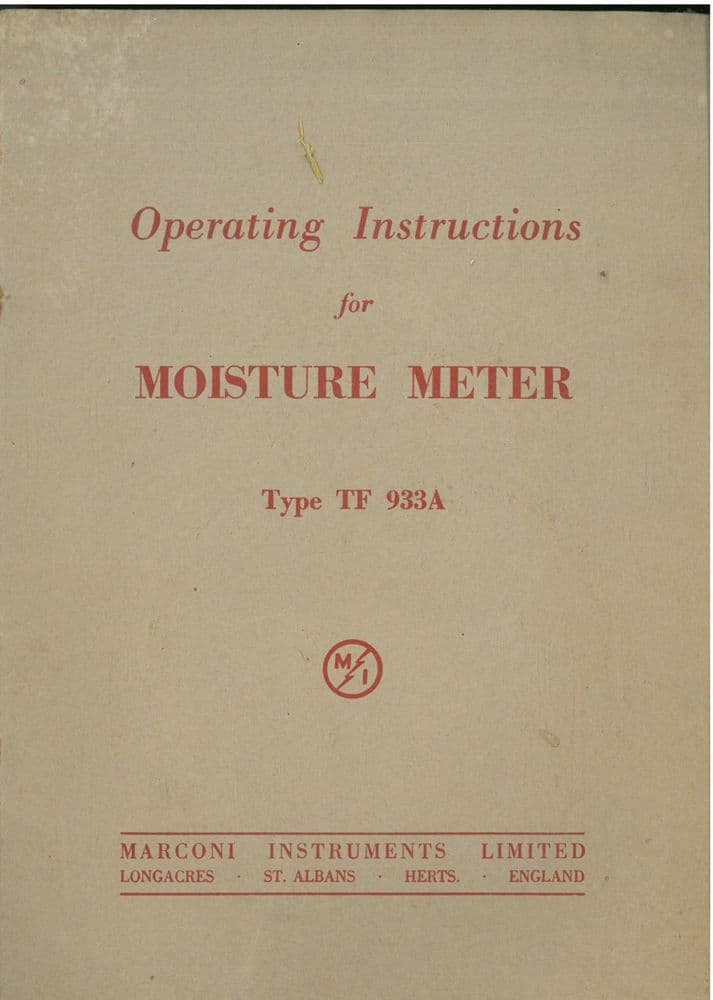 Marconi Moisture Meter TF933A Operators Manual TF 933 A