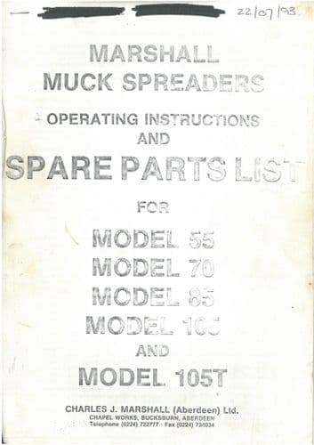 Marshall Manure Spreader 55 70 85 105 105T Operators Manual with Parts List - Muck Dung Spreader
