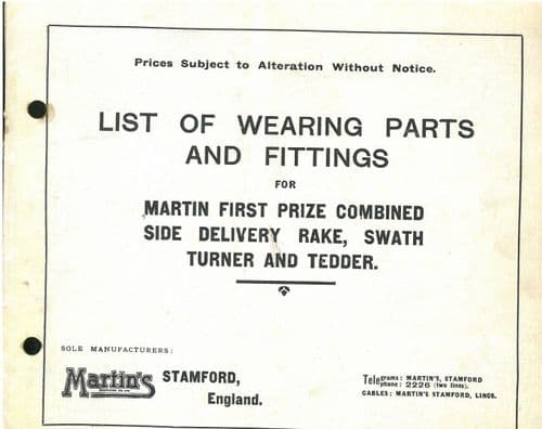 Martins Stamford Combined Side Delivery Rake, Swath Turner & Tedder Parts Manual