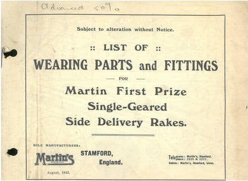 Martins Stamford Single Geared Side Delviery Rake Parts Manual