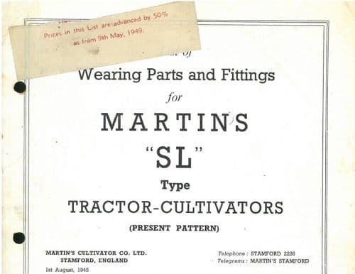 Martins Stamford Tractor Cultivator Type "SL"  Parts Manual
