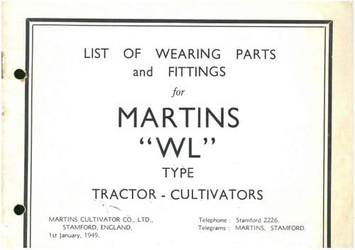 Martins Stamford Tractor Cultivator Type "WL"  Parts Manual