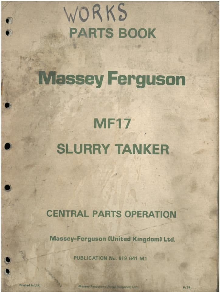Massey Ferguson 17 Slurry Tanker Parts Manual - MF17 - ORIGINAL MANUAL