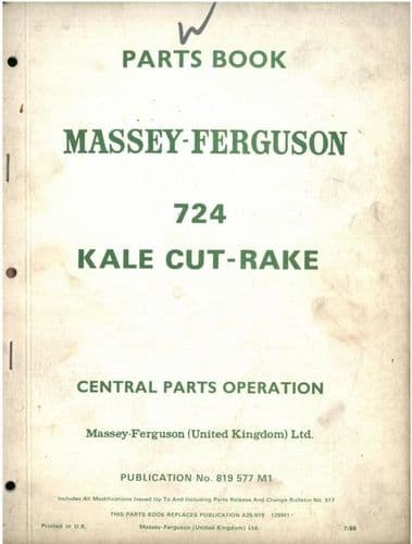 Massey Ferguson 724 Kale Cut Rake Parts Manual - MF MF724