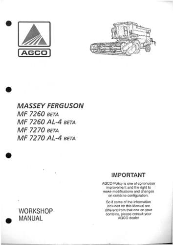 Massey Ferguson Combine MF7260 MF7270 Workshop Service Manual - MF 7260 7270 BETA and AL-4 BETA