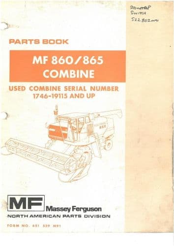 Massey Ferguson Combine MF860 & MF865 Parts Manual - MF 860 & 865