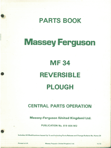 Massey Ferguson MF 34 Reversible Plough Parts Manual