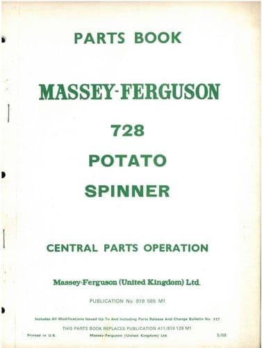 Massey Ferguson MF728 Potato Spinner Parts Manual - MF 728