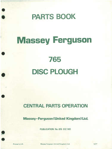 Massey Ferguson MF765 Disc Plough Parts Manual- MF 765