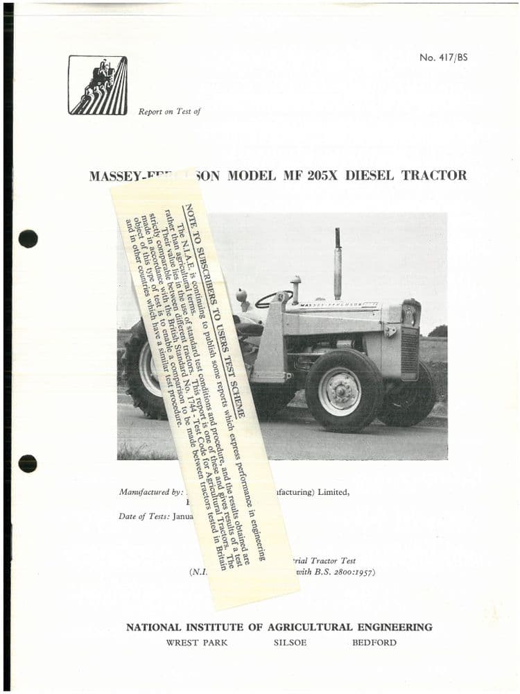 Massey Ferguson Model 205X Diesel Tractor NIAE Test Report January ...