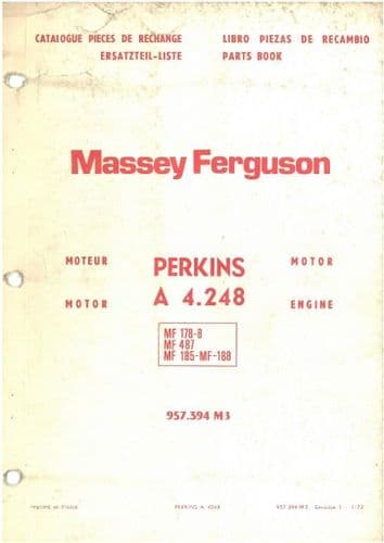 Massey Ferguson Perkins Engine A4.248 Parts Manual - For Tractors MF178 MF185 MF188 & Combine MF487