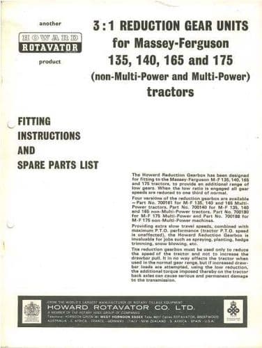 Massey Ferguson Tractor 135 140 165 & 175 Howard Reduction Gear Units Fitting Instructions & Parts