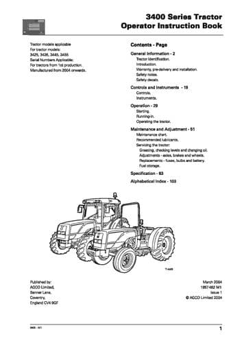 Massey Ferguson Tractor 3400 Series 3425 3435 3445 3455 Operators Manual