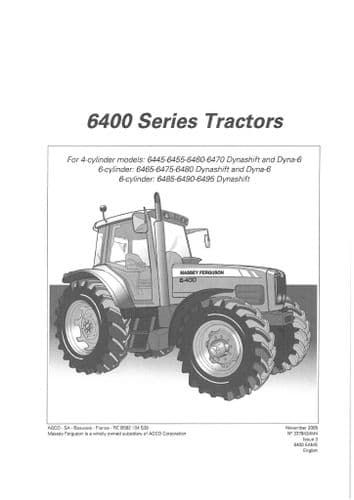 Massey Ferguson Tractor 6445 6455 6460 6465 6470 6475 6480 6485 6490 6495 Operators Manual  Nov 2005