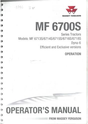 Massey Ferguson Tractor 6713S 6714S 6715S 6716S 6718S & Dyna 6 Operators Manual