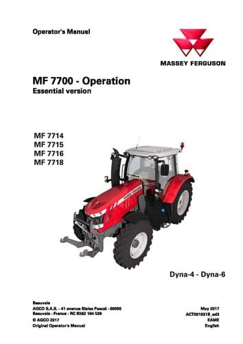 Massey Ferguson Tractor 7714 7715 7716 7718  Dyna6 & VT Operators Manual
