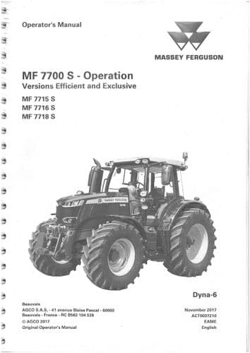 Massey Ferguson Tractor 7715 7716 7718 S & Dyna 6 Operators Manual