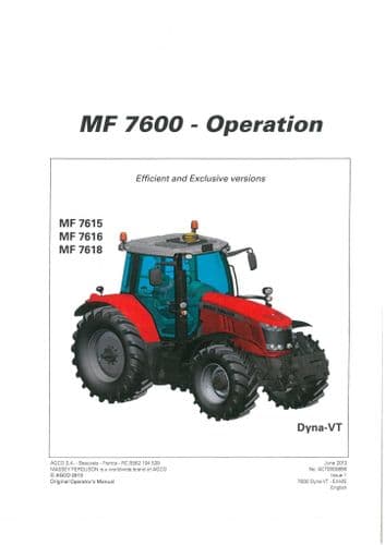 Massey Ferguson Tractor MF 7615 7616 7618 Dyna-VT Delux & Premium Operators Manual