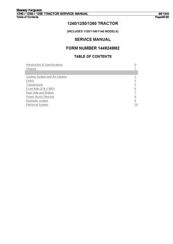 Massey Ferguson Tractor MF1240 MF1250 MF1260 Workshop Service Manual
