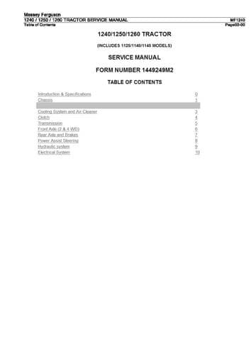 Massey Ferguson Tractor MF1240 MF1250 MF1260 Workshop Service Manual