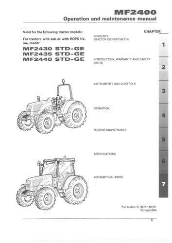 Massey Ferguson Tractor MF2430 MF2435 MF2440 Operators Manual